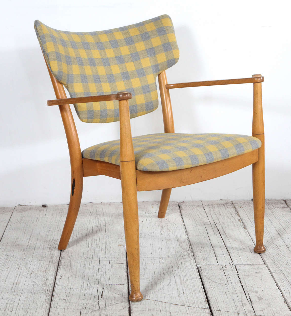 Peter Hvidt Bentwood Dining Chair in Yellow and Grey Check Fabric In Good Condition In Los Angeles, CA
