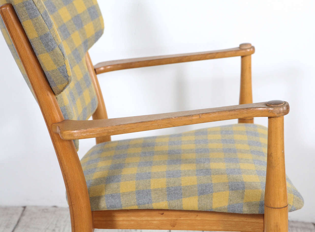Peter Hvidt Bentwood Dining Chair in Yellow and Grey Check Fabric 3