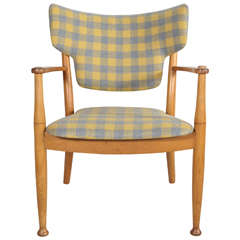 Peter Hvidt Bentwood Dining Chair in Yellow and Grey Check Fabric
