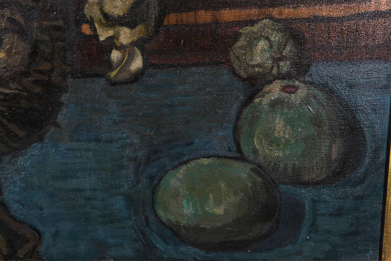20th Century Oil Painting of Still Life in Dark Blue and Natural Hues