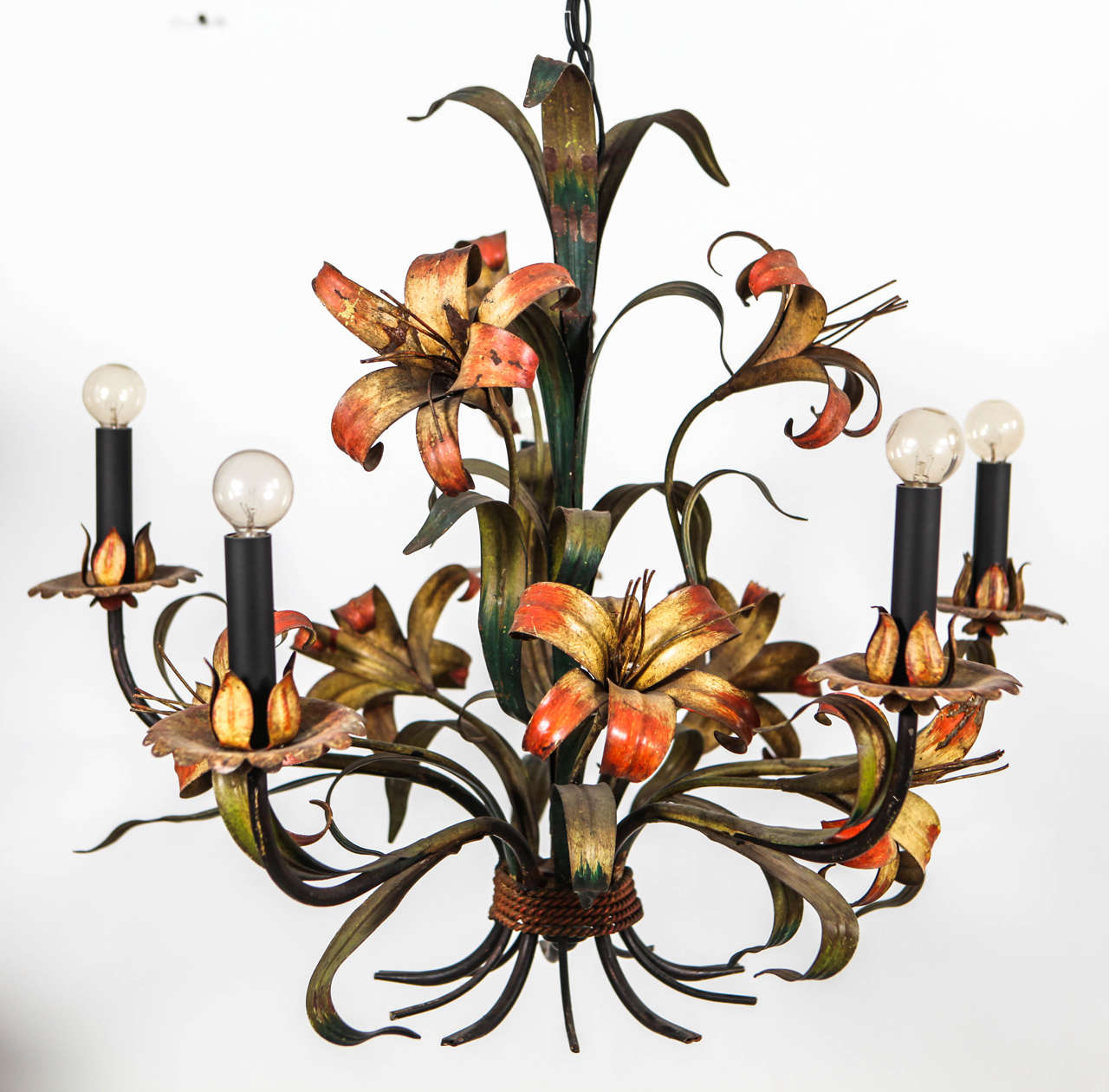 Quirky yet elegant Italian bent metal five arm flower chandelier. 36