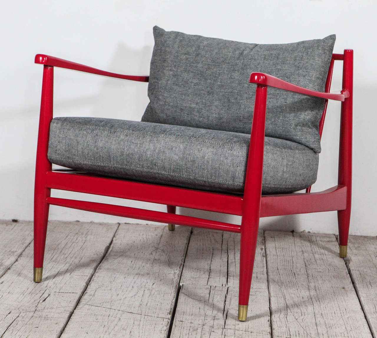 Mid-Century Modern Vintage Spindle Back Viewing Chair in Lacquered Red and Reverse Denim