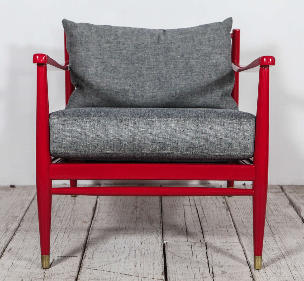Vintage Spindle Back Viewing Chair in Lacquered Red and Reverse Denim In Good Condition In Los Angeles, CA