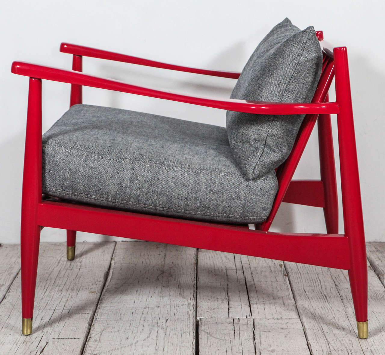 Mid-20th Century Vintage Spindle Back Viewing Chair in Lacquered Red and Reverse Denim