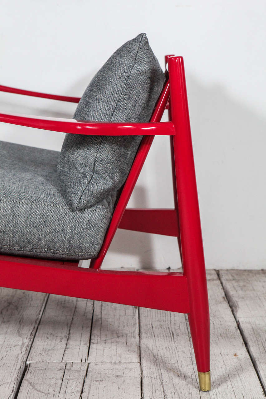 Vintage Spindle Back Viewing Chair in Lacquered Red and Reverse Denim 1