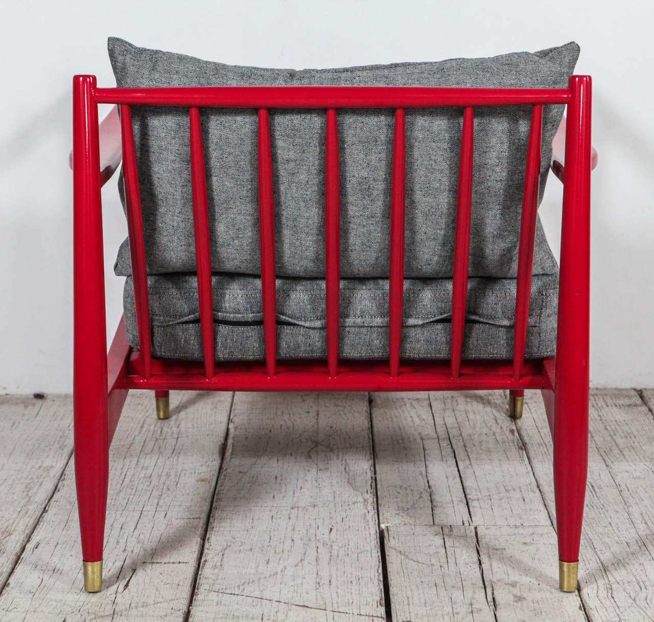 Vintage Spindle Back Viewing Chair in Lacquered Red and Reverse Denim 2