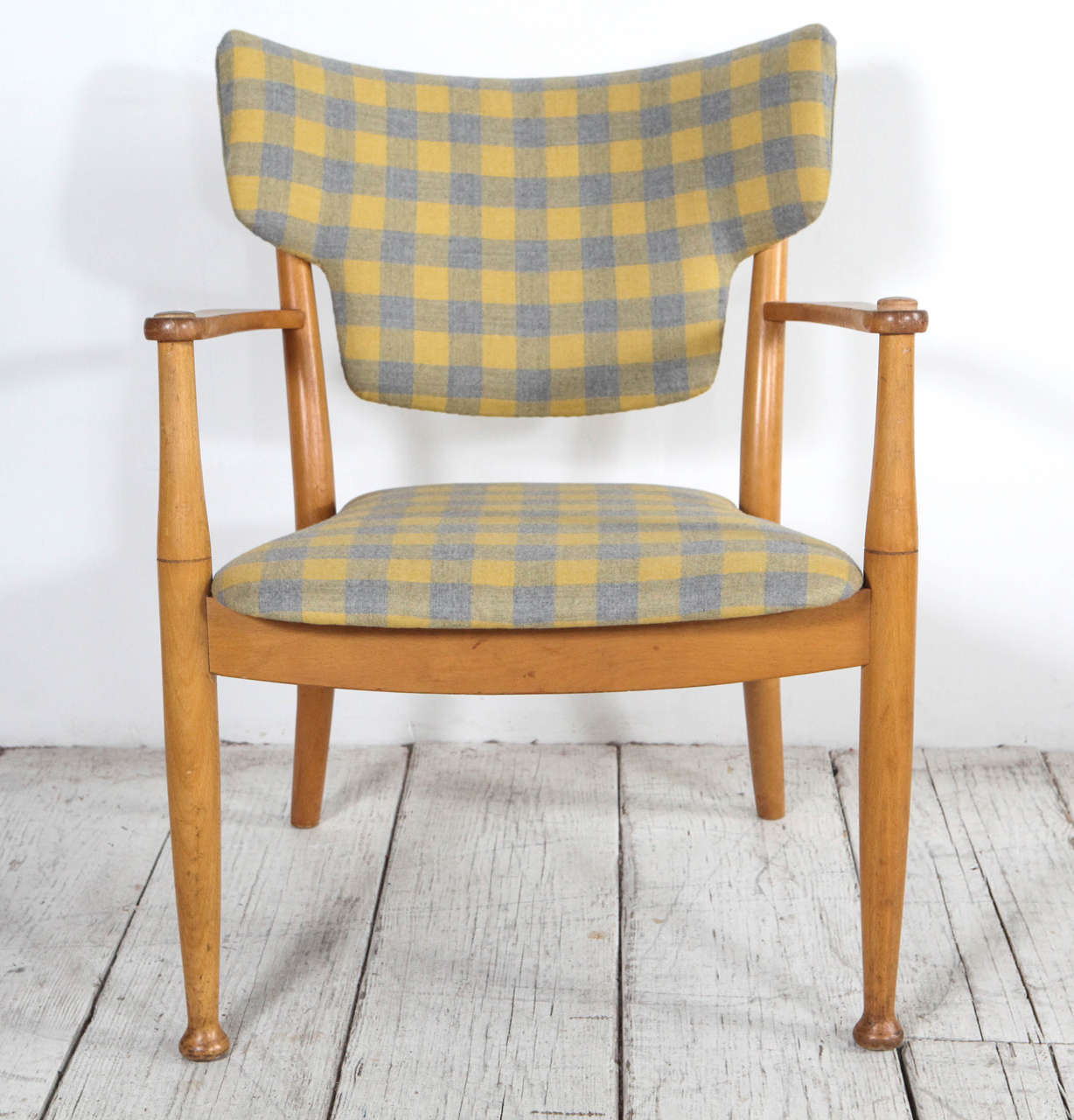 Peter Hvidt Bentwood Dining Chair in Yellow and Grey Check Fabric at