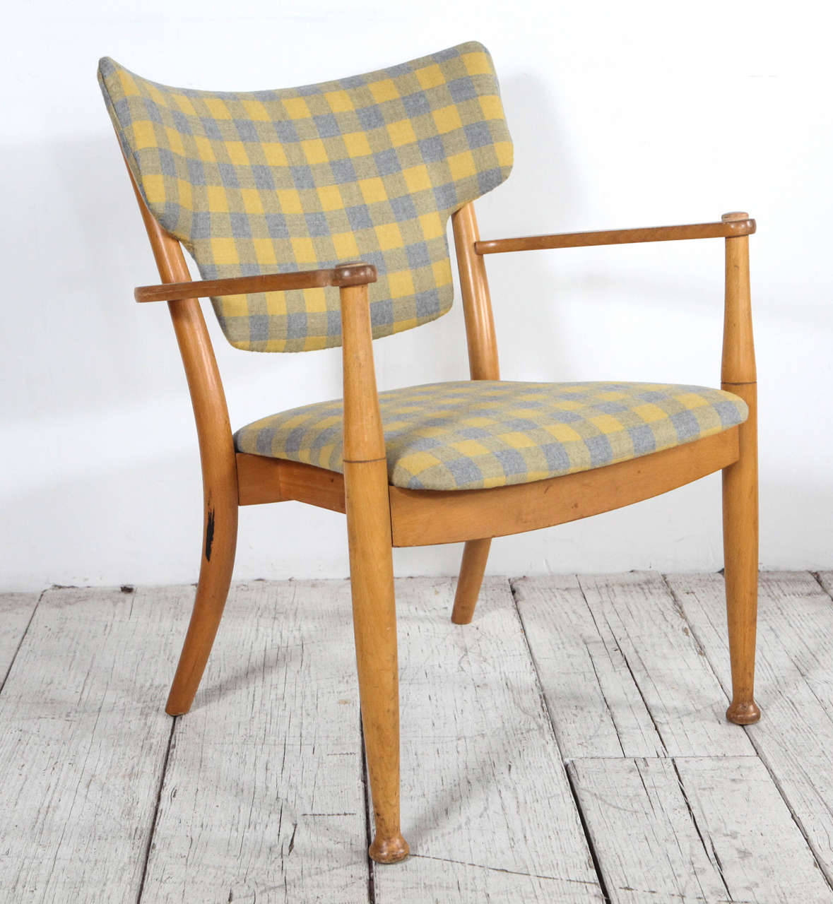 Peter Hvidt Bentwood Dining Chair in Yellow and Grey Check Fabric at 1stdibs