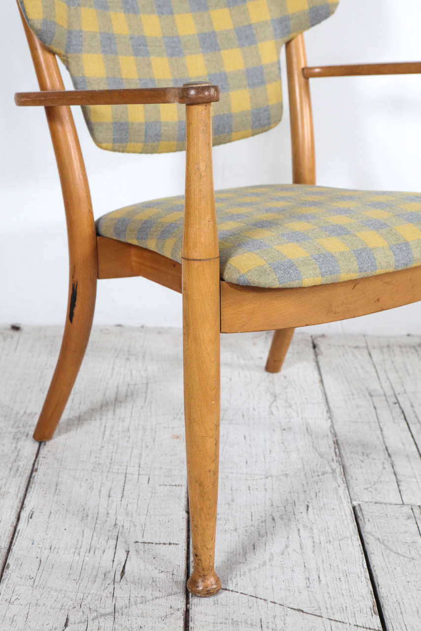 Peter Hvidt Bentwood Dining Chair in Yellow and Grey Check Fabric at 1stdibs