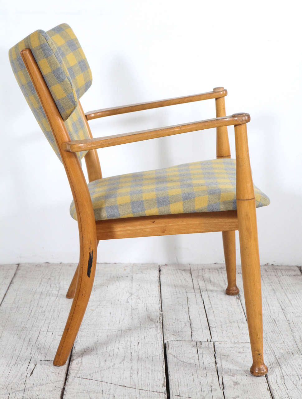 Peter Hvidt Bentwood Dining Chair in Yellow and Grey Check Fabric at
