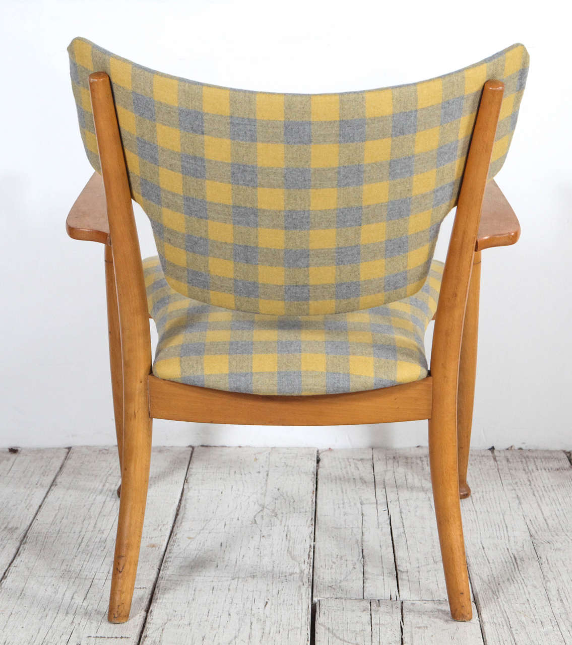 Peter Hvidt Bentwood Dining Chair in Yellow and Grey Check Fabric at