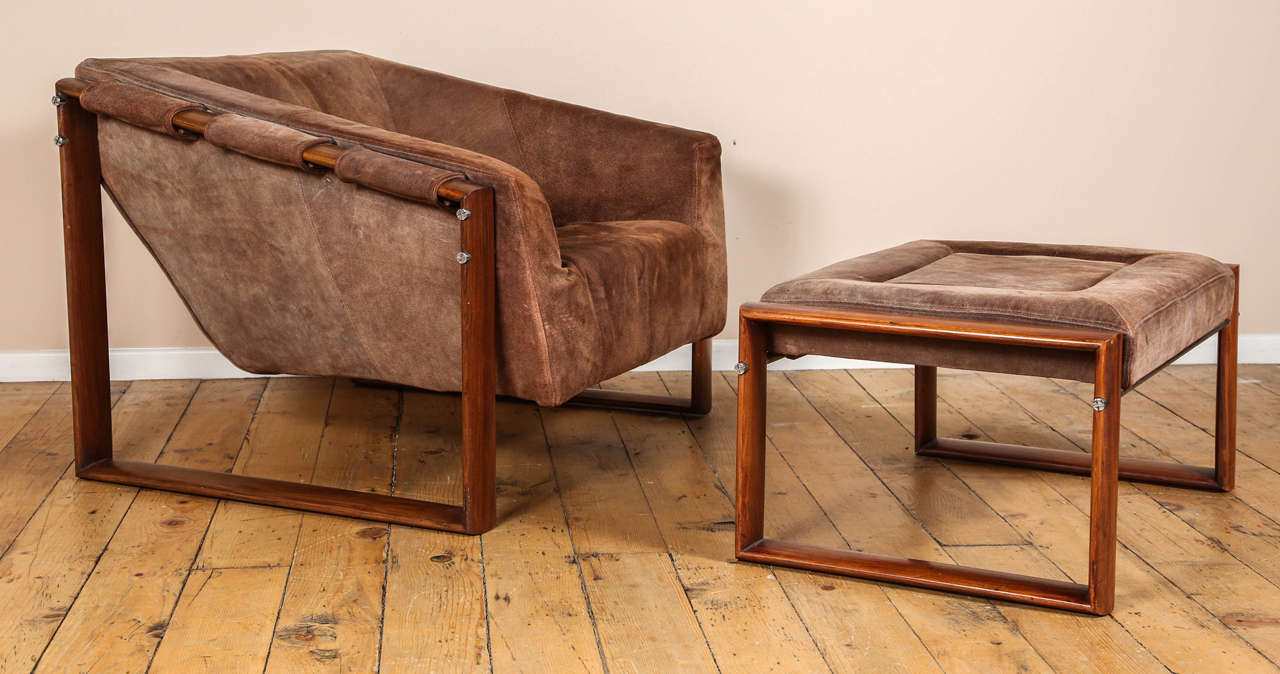 Brazilian Rosewood and Suede Lounge Chair and Ottoman by Percival Lafer