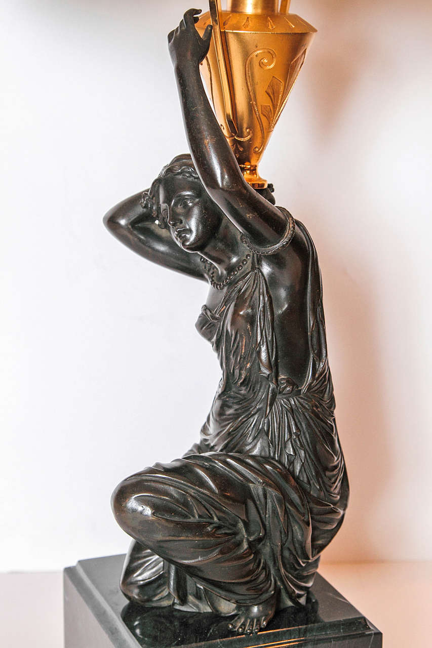 19th Century Classical Continental Bronze Kneeling Females made into Lamps In Excellent Condition For Sale In Dallas, TX