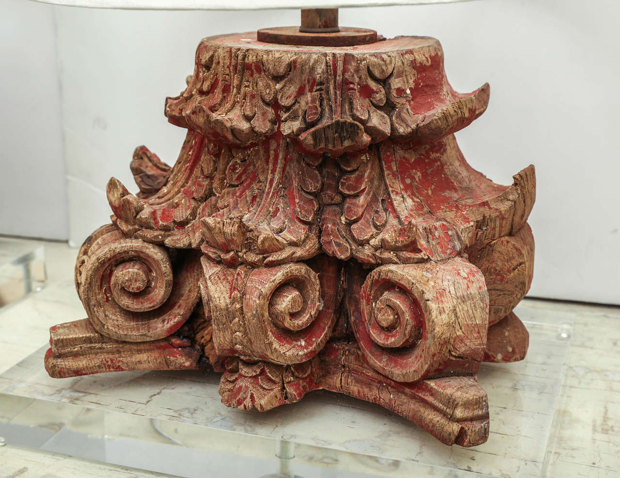 Hand-Carved Lamp Fashioned from Red Painted Carved Capital For Sale
