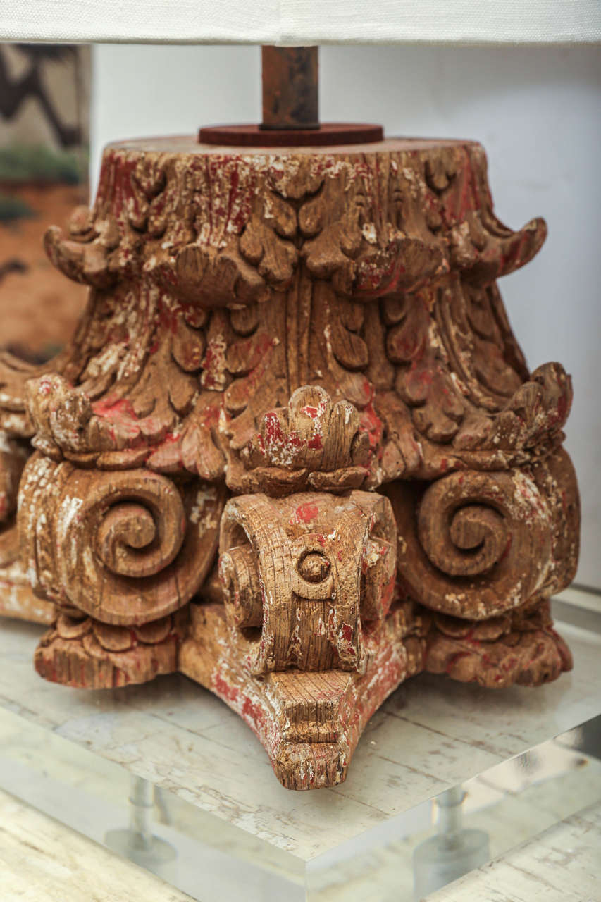 Lamp Fashioned from Red Painted Carved Capital In Fair Condition For Sale In Houston, TX