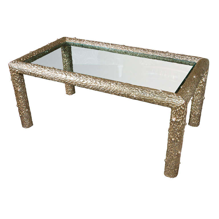 White Gold Leaf Hand Carved Faux Bois Table