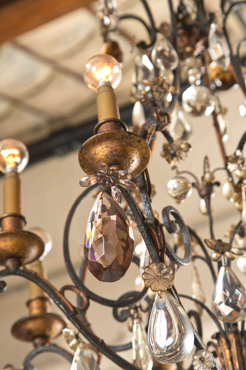 Gothic Revival Maison Jansen Wrought Iron and Crystal Chandelier Eight Lights Circa 1900s