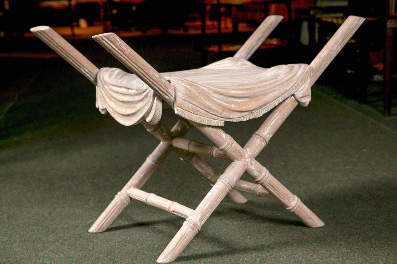 A fine Italian, hand-carved, faux bamboo, draped seat stool.