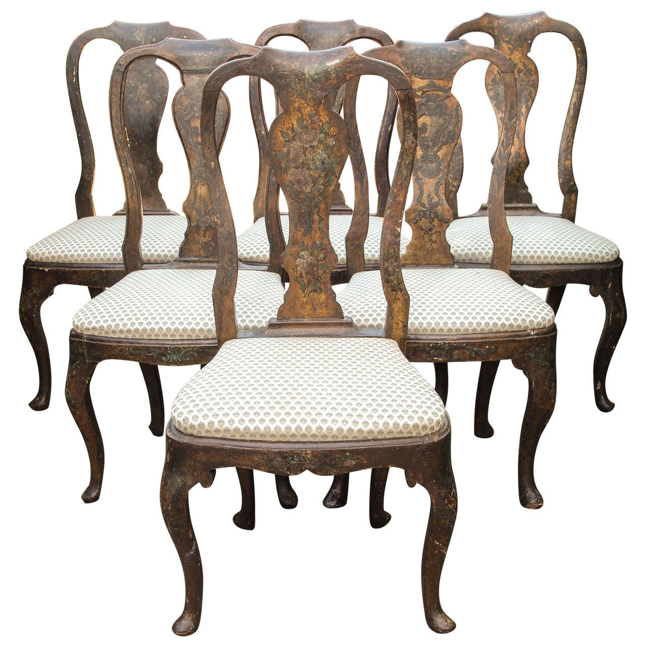 Set of Six 18th Century Hand-Painted Italian, Lucca  Vase Splat-Back Chairs