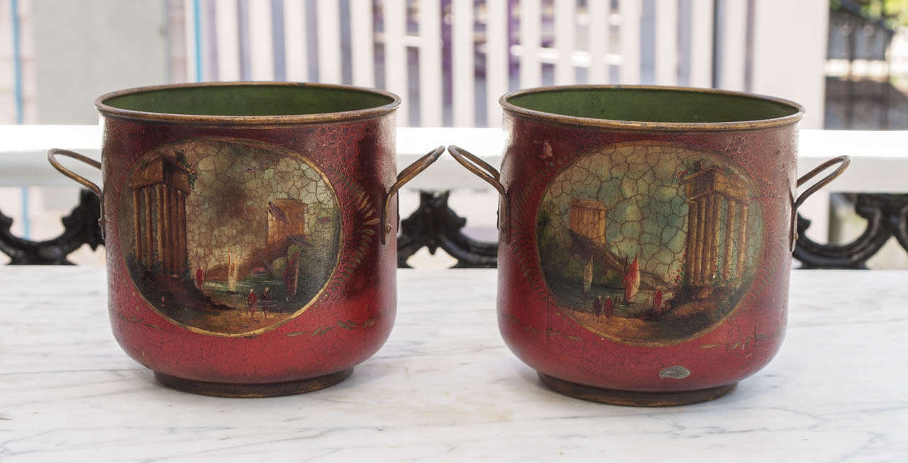 Pair of Scenic Tole Wine Coolers from the 19th c.