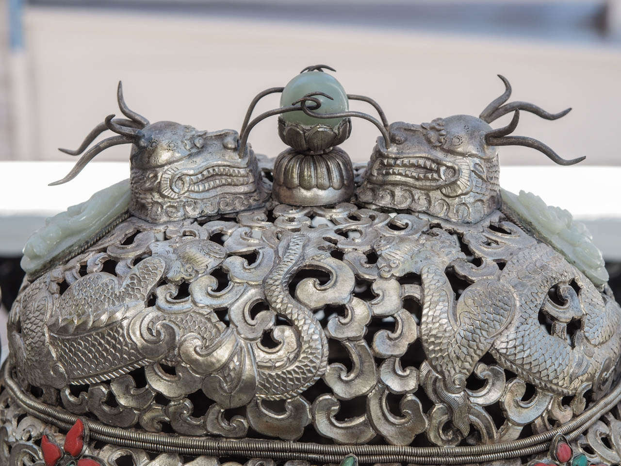 19th Century Sino-Mongolian Censer with Carved Jade and Semi Precious Stones In Good Condition In Natchez, MS
