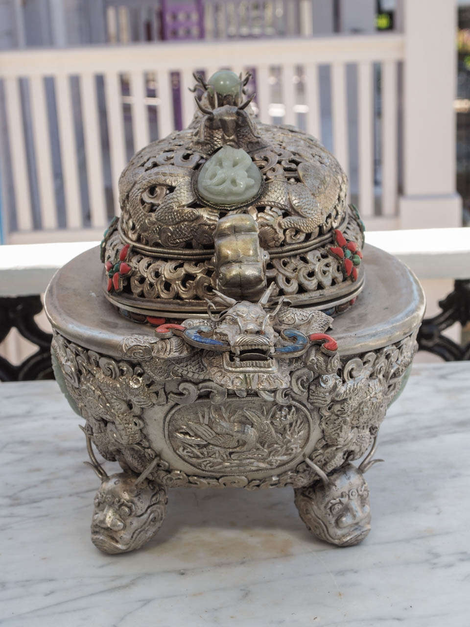 19th Century Sino-Mongolian Censer with Carved Jade and Semi Precious Stones 3