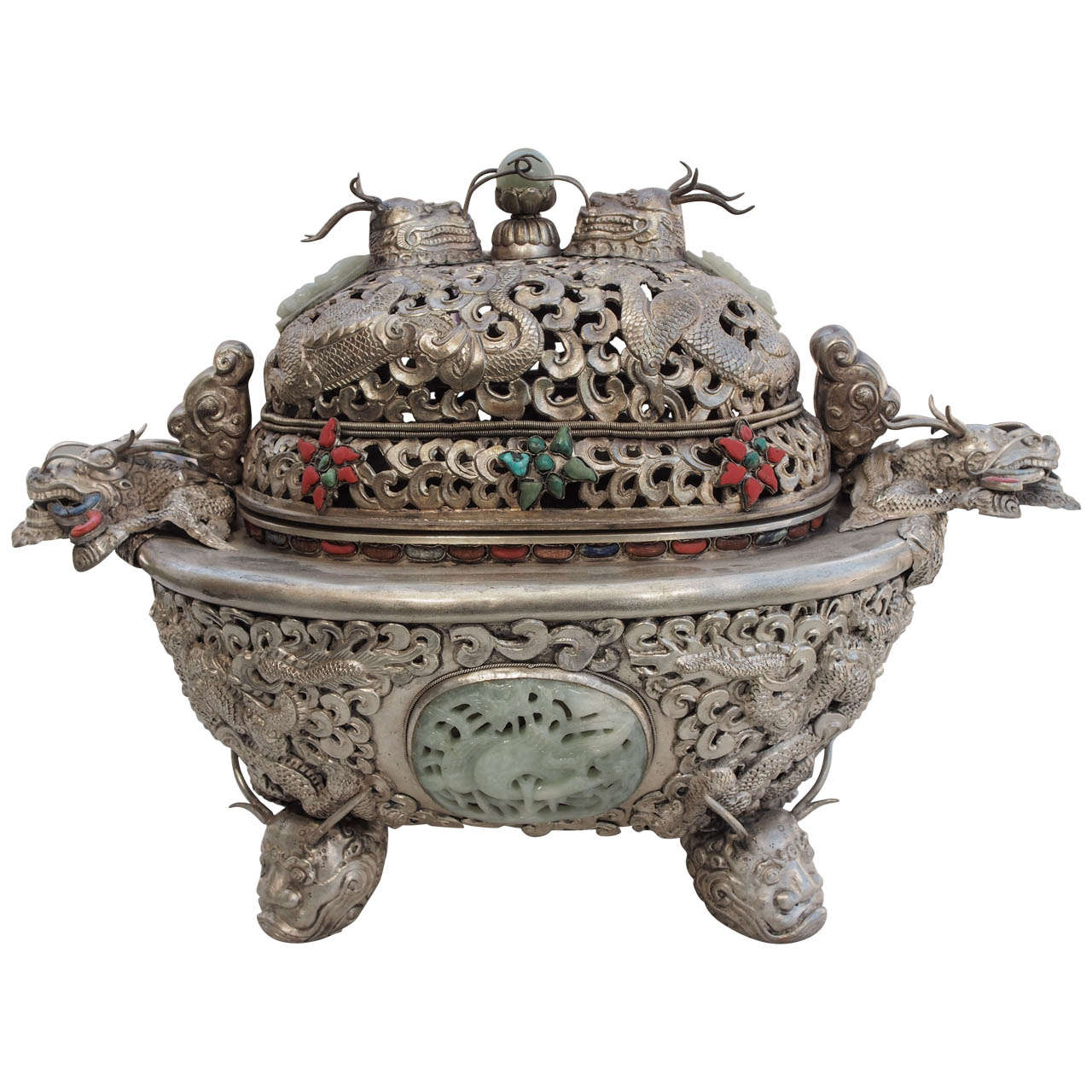 19th Century Sino-Mongolian Censer with Carved Jade and Semi Precious Stones