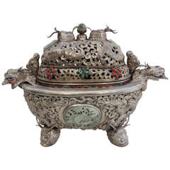19th Century Sino-Mongolian Censer with Carved Jade and Semi Precious Stones