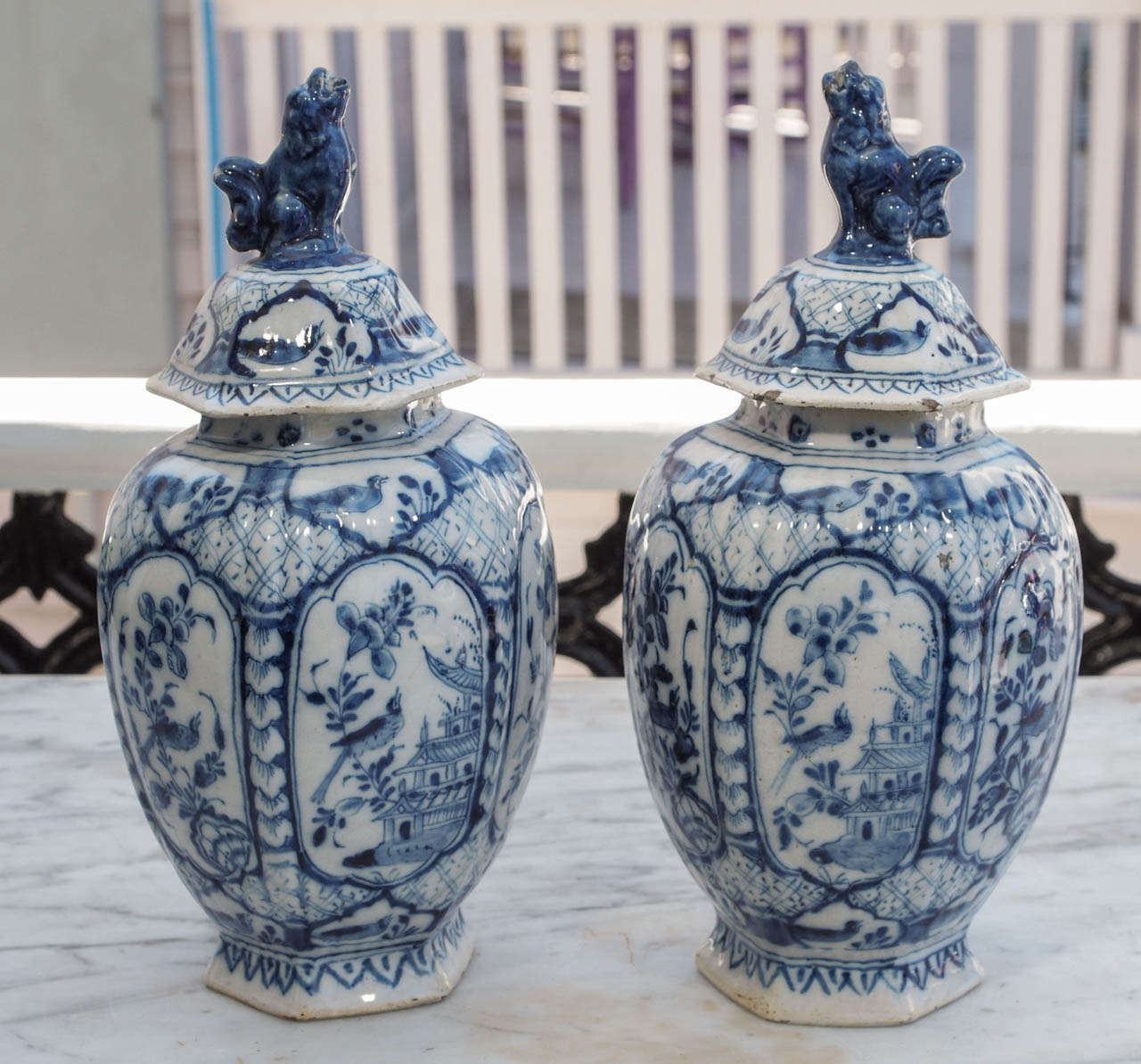 Pair of Ribbed melon Jars with lids Late 18th c. early 19th c. Delft