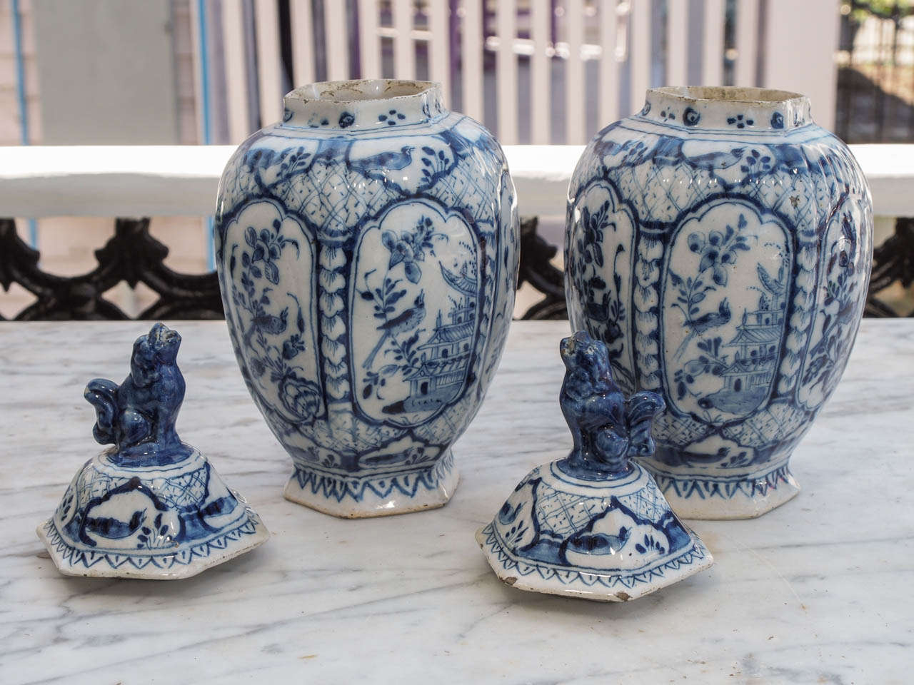 Pottery Pair of Late 18th/Early 19th Century Delft Ribbed Covered Jars