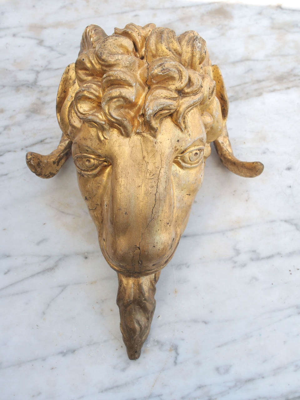 French Pair of Louis XVI Gilt Carved Wood Rams Heads