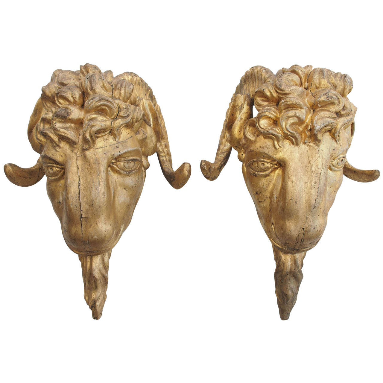 Pair of Louis XVI Gilt Carved Wood Rams Heads