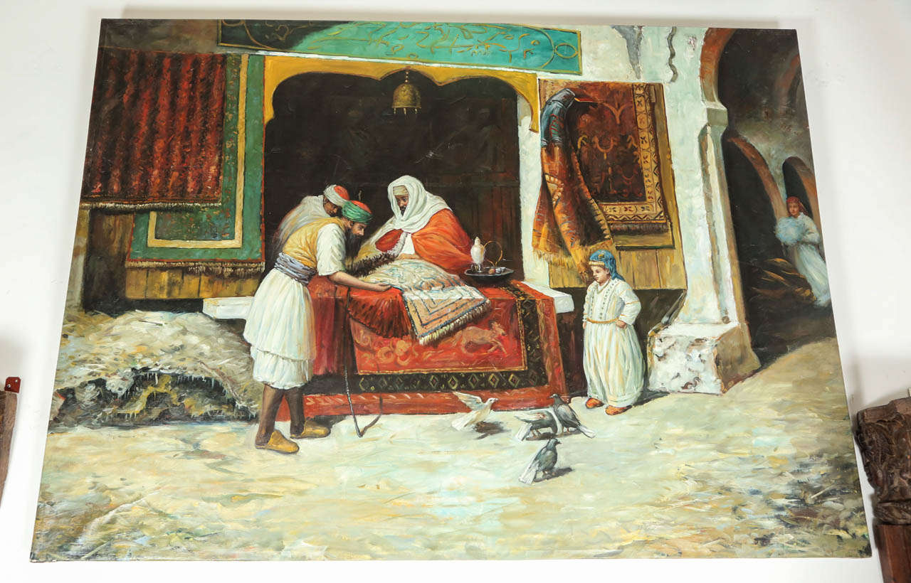 Very large Orientalist oil on canvas.
The scene is depicting a rug dealer in a street in Algeria, North Africa.
After Addison Thomas Millar (American, 1860-1913)
Not framed canvas only streched on wooden inside frame.