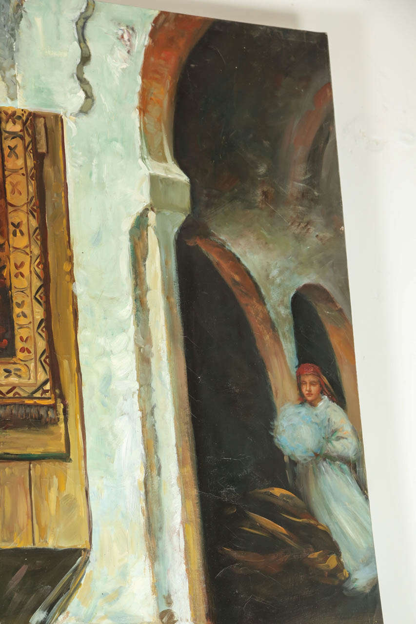 Painted Orientalist Large Oil on Canvas, The Rug Dealer