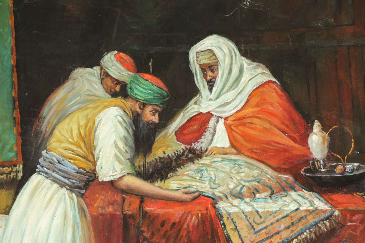 Orientalist Large Oil on Canvas, The Rug Dealer In Good Condition In North Hollywood, CA