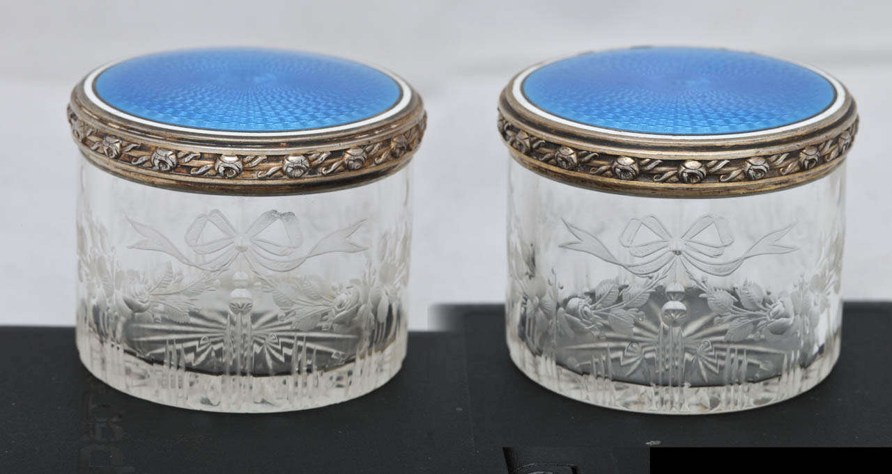 Pair of French Sterling Silver, Blue and white Guilloche Enamel and Crystal Rouge Pots