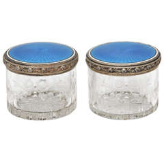 Antique Pair of French Sterling Silver, Blue and white Guilloche Enamel and Crystal Rouge Pots