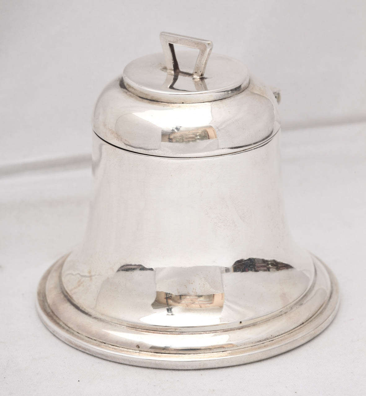 Edwardian, sterling silver, bell form inkwell, Birmingham, England, 1910, A & J Zimmerman - makers. Leather underside; has glass insert for ink. @3 1/4