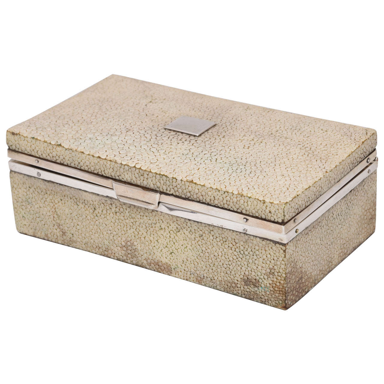 Caja de sobremesa Art Déco de plata de ley montada sobre piel de zapa