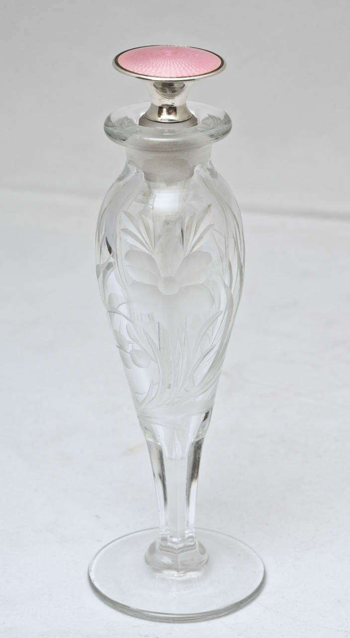 Edwardian  Sterling Silver PInk Guilloche Enamel Etched Crystal Perfume Bottle
