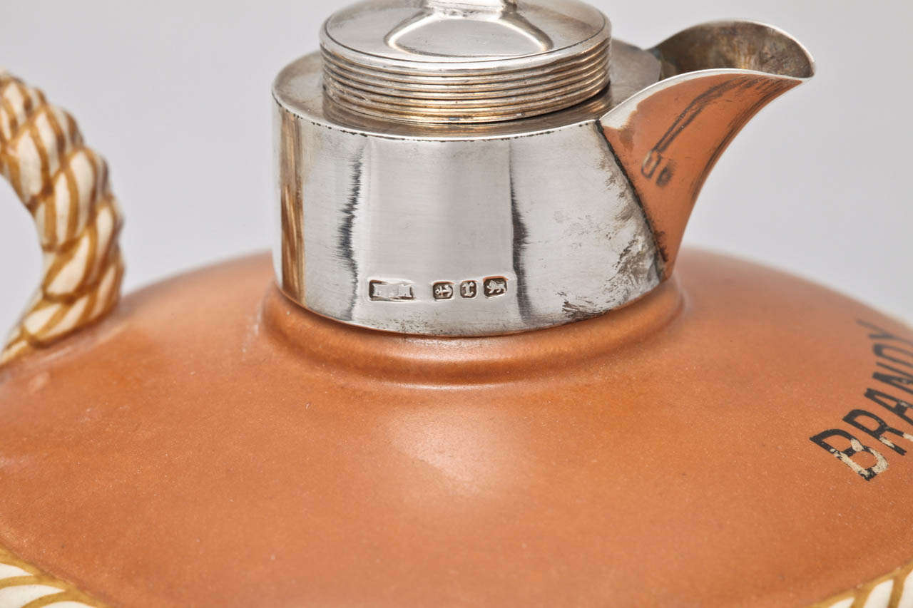 19th Century Victorian Sterling Silver-Mounted Pottery Brandy Jug For Sale