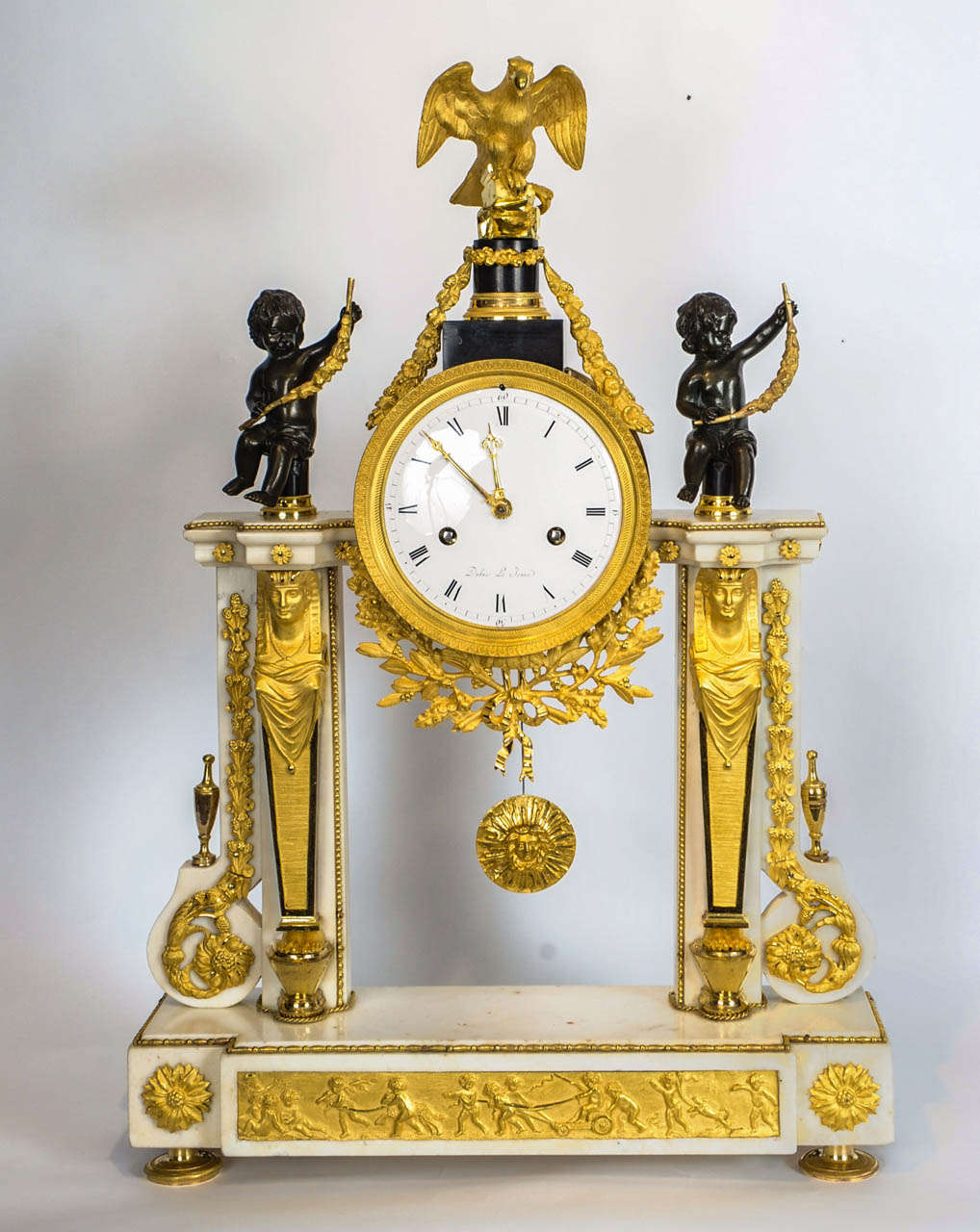 French Louis XVI Marble, Ormolu and Patinated Bronze Mantel Clock, circa 1780
