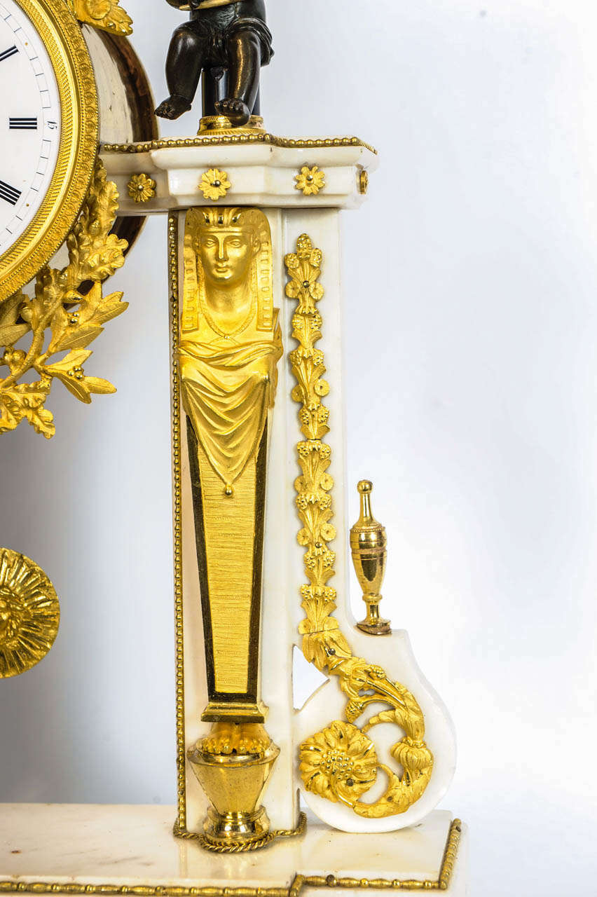 18th Century and Earlier French Louis XVI Marble, Ormolu and Patinated Bronze Mantel Clock, circa 1780 For Sale