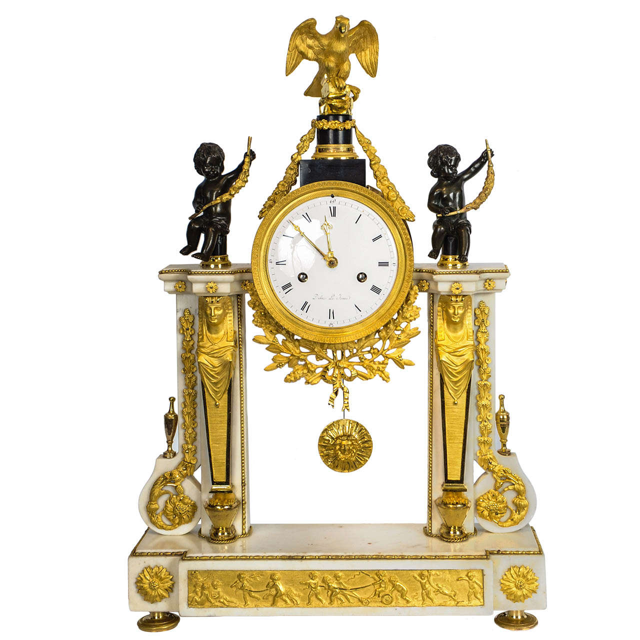 French Louis XVI Marble, Ormolu and Patinated Bronze Mantel Clock, circa 1780 For Sale