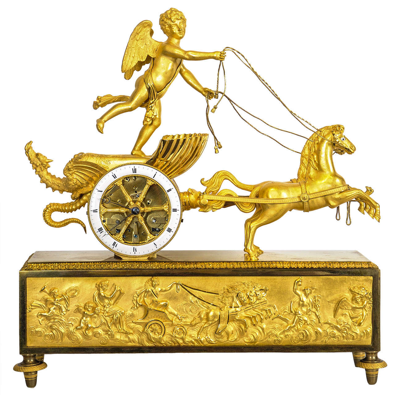 A charming French Empire ormolu chariot clock, circa 1810 For Sale