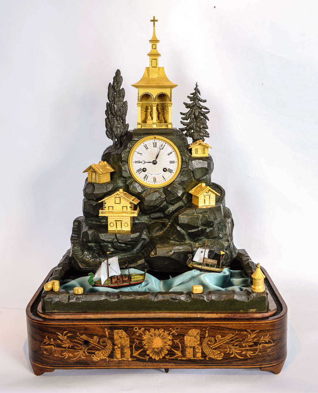 French Charles X Bronze Musical and Animated Mantel Clock, circa 1840 For Sale 5