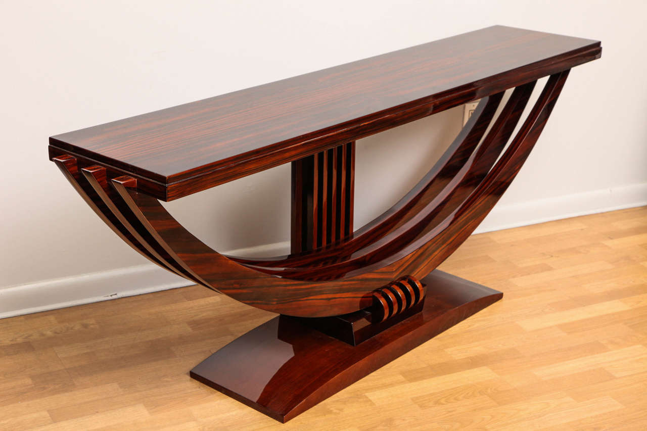 A superb Art Deco console/sofa table. Rio Palissandre. Pair available, priced per item.