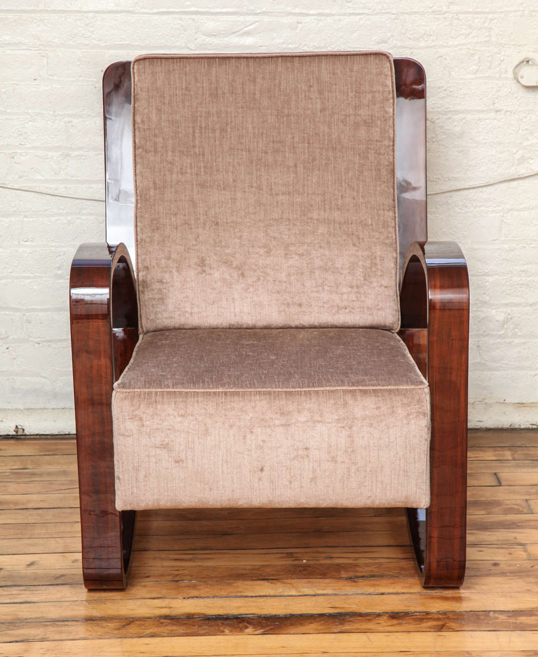 Chic and very comfortable pair of Art Deco armchairs. Walnut frame and newly upholstered in French cotton velvet.