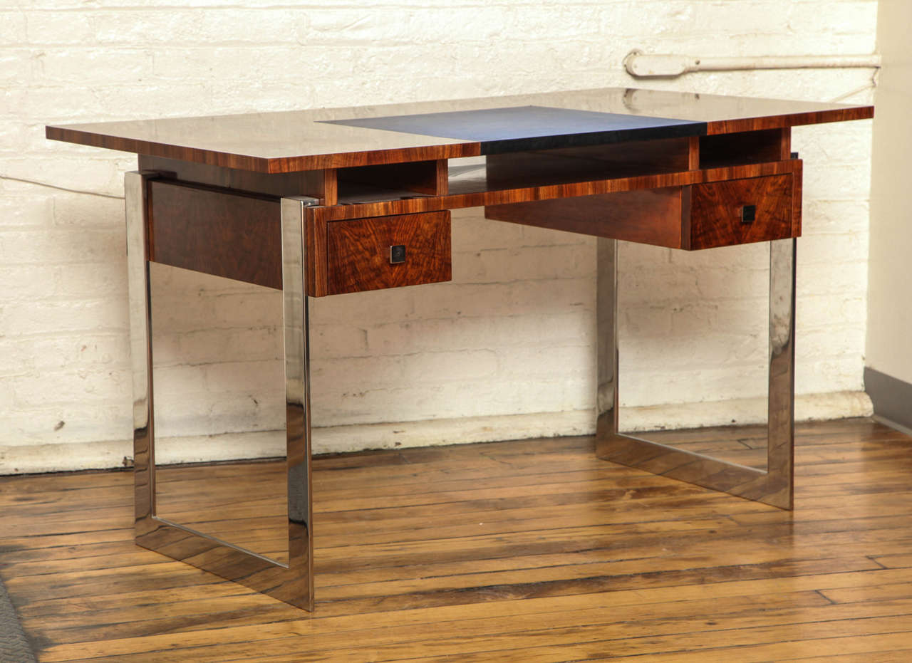 Rare Art Deco writing desk in Black Forest walnut and nickel frame.