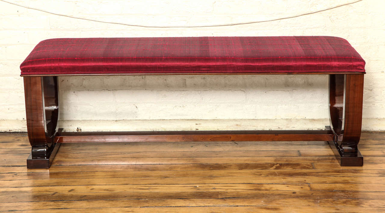 Art Deco bench in Rio palissandre. Newly upholstered in an elegant raw silk shantung.